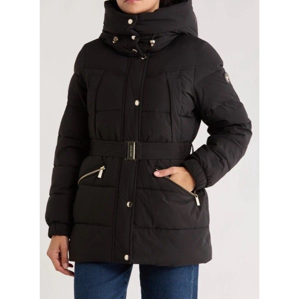 M Michael Kors Belted Channel Quilted Hooded Puffer Coat Black